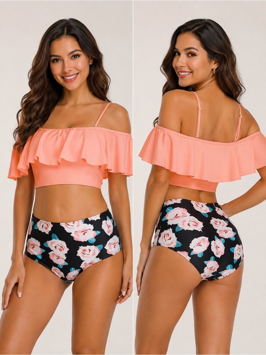Pretty Woman Boutique Other - Orange Off Shoulder Ruffled Black Floral High Waisted Bikini Set